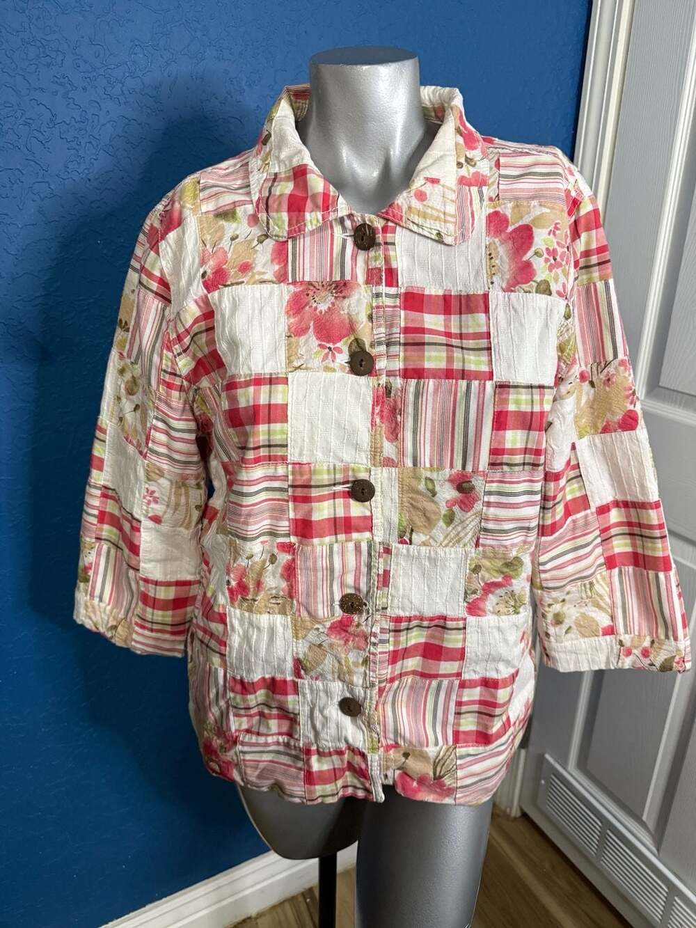 Koret Women's Floral Patchwork Cotton Plaid Button Up Jacket Size L